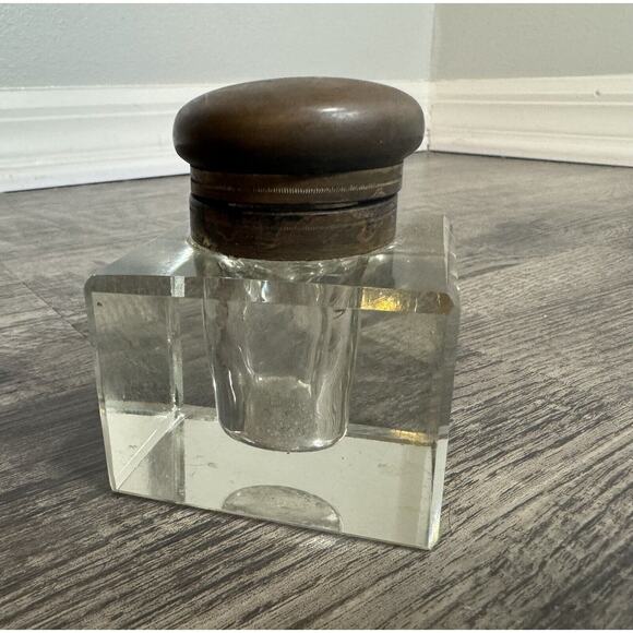 Antique Vintage Crystal Glass Block Ink Well Brass Lid Art Deco Cube Grandpacore - Picture 2 of 13